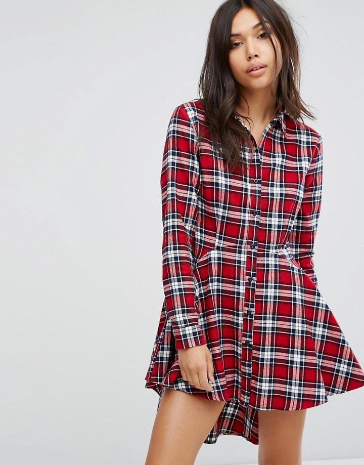 Prettylittlething Ruffle Check Shirt Dress - Red