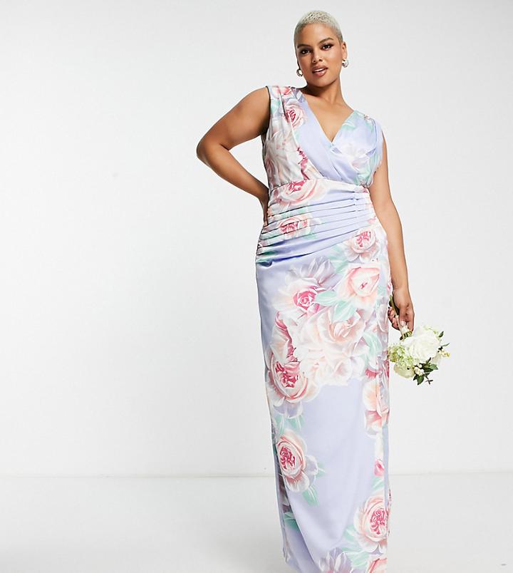 Liquorish Plus Bridesmaid Satin Wrap Front Maxi Dress With Wrap Skirt In Placement Floral-multi