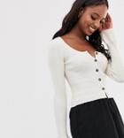 Asos Design Tall Scoop Neck Cardigan In Skinny Rib With Buttons - Cream
