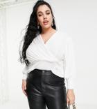Closet London Plus Wrap Blouse Top With Volume Sleeve In Ivory-white