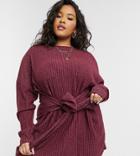 Asos Design Curve Tie Waist Brushed Rib Mini Dress In Oxblood-red