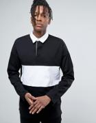 Asos Oversized Long Sleeve Rugby Polo Shirt With Contrast Panel In Black - Black