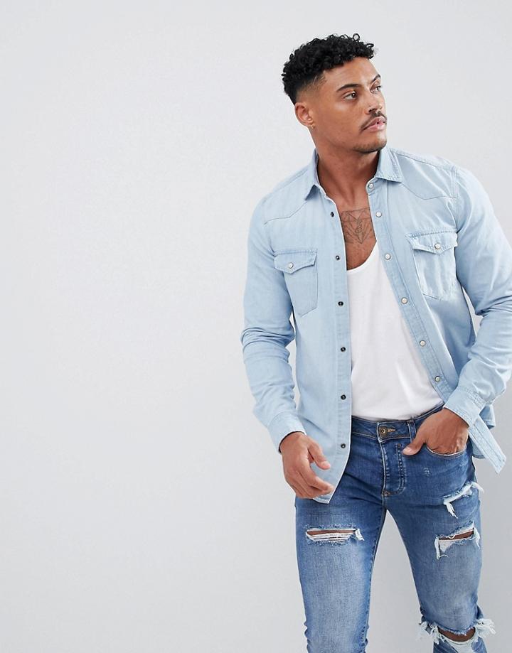 Pull & Bear Denim Cowboy Style Shirt In Light Blue - Blue