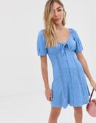 Asos Design Knot Front Button Through Sundress With Puff Sleeve - Blue