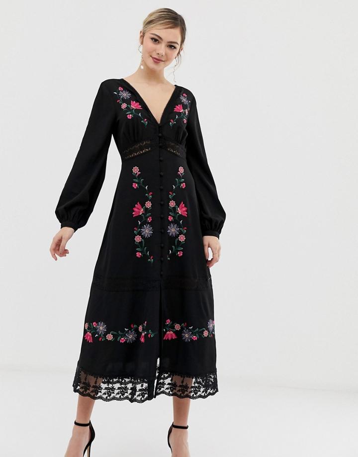 Asos Design Embroidered Maxi Dress With Lace Inserts - Black