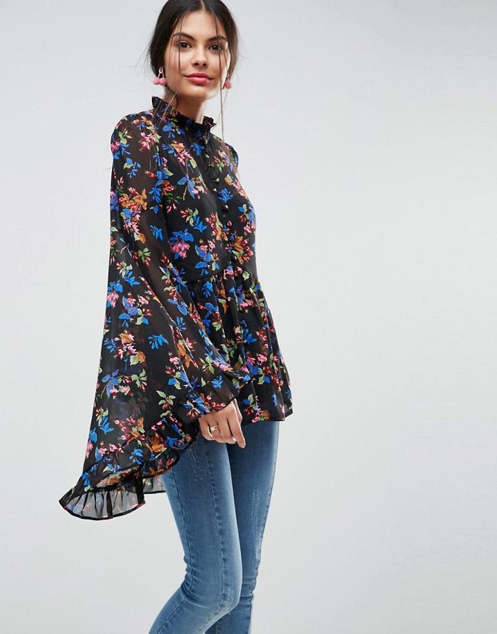 Asos Kimono Sleeve Blouse In Chiffon In Dark Floral - Multi