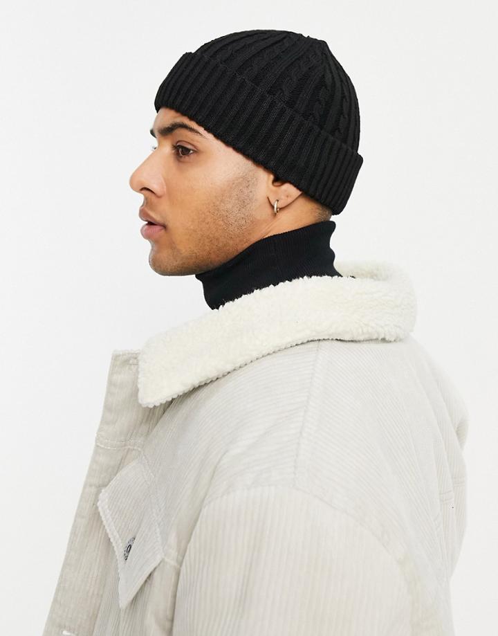 Asos Design Mini Fisherman Beanie In Black Cable Knit