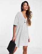 Asos Design Mini Smock Dress With Double Tie Detail In Monochrome Stripe-multi