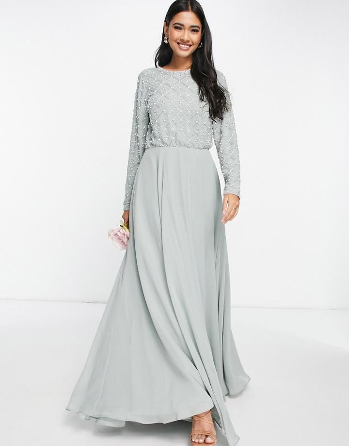 Asos Design Bridesmaid Maxi Dress With Long Sleeve In Embellishment In Olive-green
