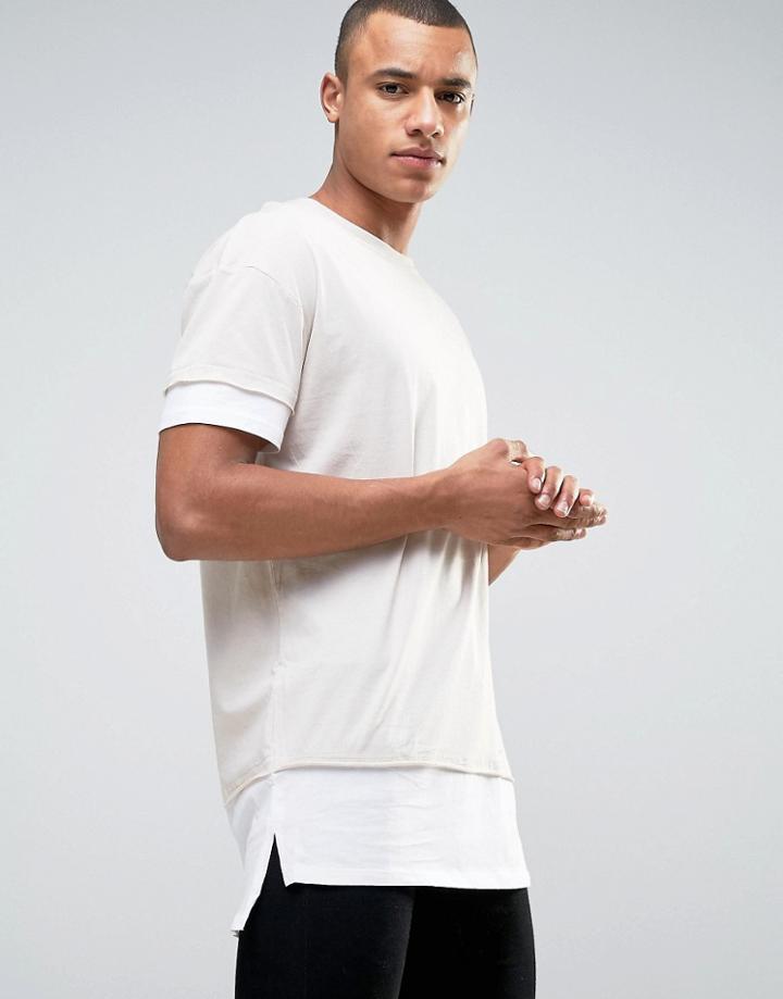 New Look Longline Layered T-shirt In Stone - Stone