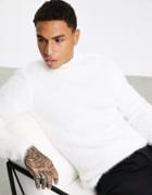 Asos Design Muscle Fit Fluffy Knit Roll Neck Sweater In White