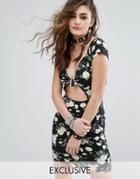 Motel Bodycon Dress In Floral With Tie Front & Cut Out - Black