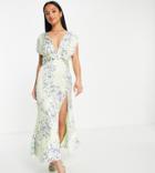 Asos Design Petite Ruched Sleeveless Satin Midi Dress In Light Green Floral-multi