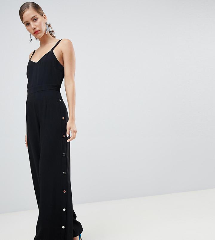 River Island Popper Detail Cami Jumpsuit In Black - Black