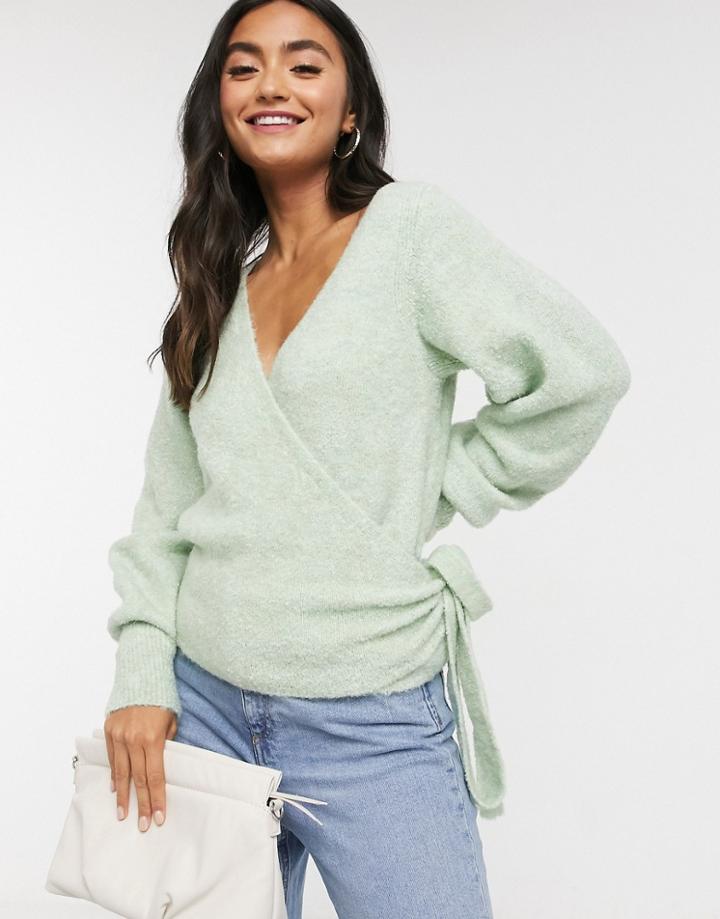 Asos Design Wrap Fluffy Sweater In Pale Green