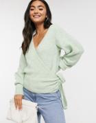 Asos Design Wrap Fluffy Sweater In Pale Green