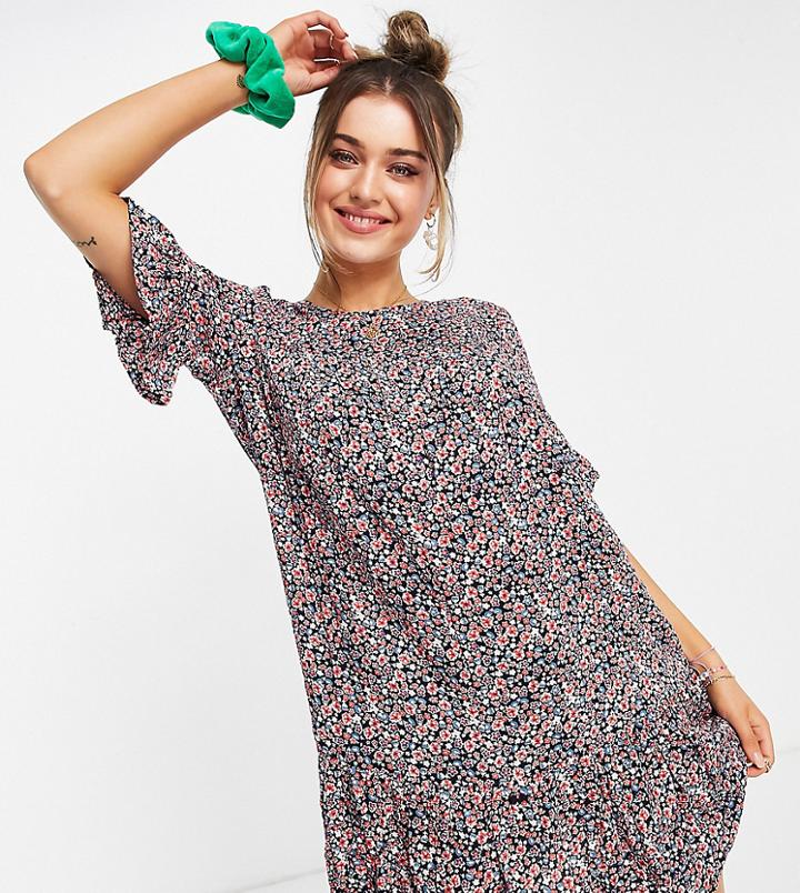 Pieces Exclusive Mini Smock Dress In Black Whimsy Floral-multi