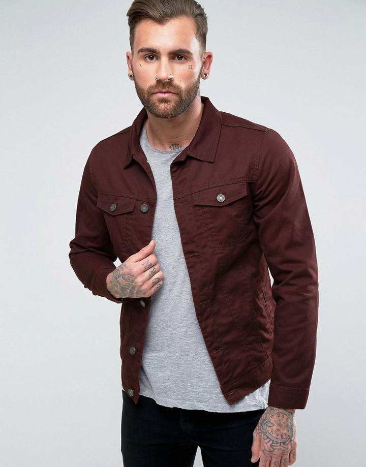 Pull & Bear Lightweight Denim Jacket In Burgundy - Red