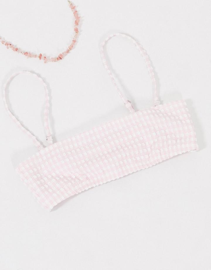 & Other Stories Gingham Square Neck Bikini Top In Pink And White