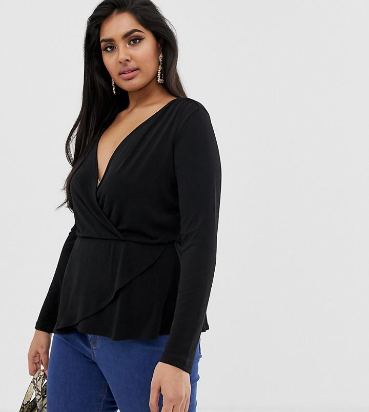 Asos Design Curve Wrap Top In Crepe With Asymmetric Hem-black