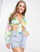 Asos Design Fuller Bust Tie Front Satin Beach Shirt In Floral Print - Part Of A Set-multi