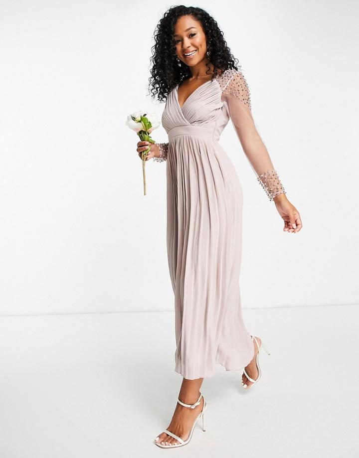 Little Mistress Bridesmaid Embellished Pleated Midaxi Dress In Mink-grey