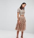 Lace & Beads Tulle Midi Skirt With 3d Shirring Detail - Brown