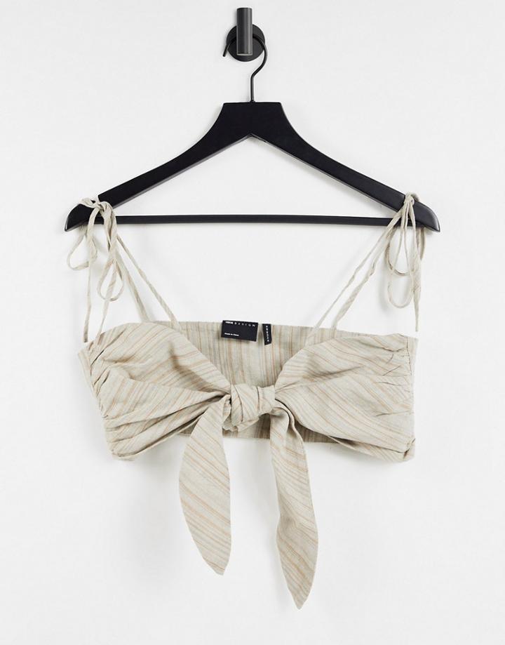Asos Design Tie Front Bralette Set In Laundered Brown Stripe