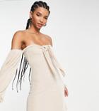 Asos Design Tall Slinky Tie Front Bardot Mini Dress In Champagne-neutral