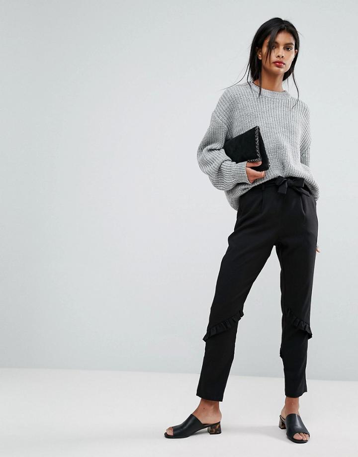 Vila Tailored Tie Waist Frill Pants - Black
