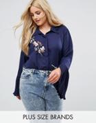 Lost Ink Plus Embroidered Shirt With Pleated Sleeve - Navy