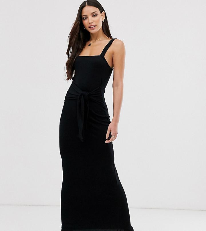 Asos Design Tall Tie Waist Rib Maxi Dress-black