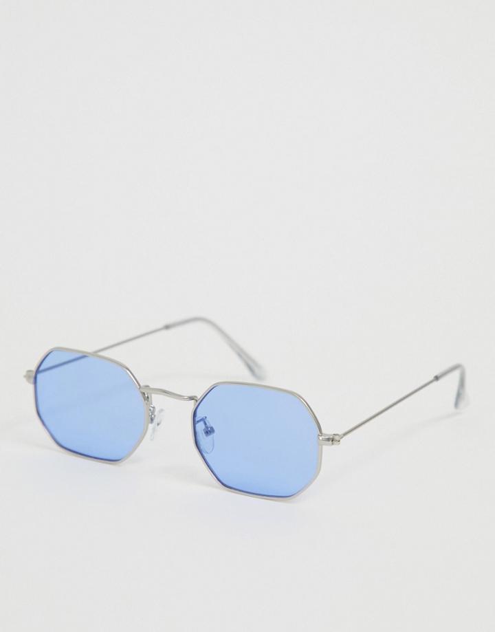 Asos Design Metal Angled Sunglasses In Silver With Blue Lenses - Blue