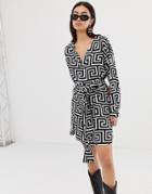 Weekday Wrap Front Geometric Roman Print Dress - Multi