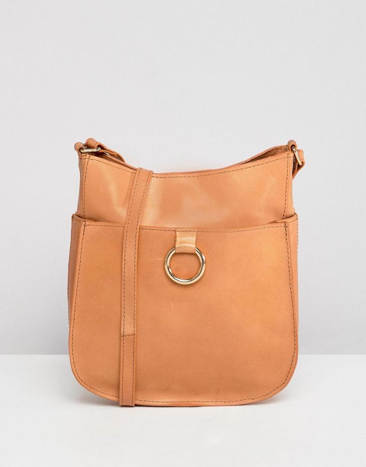 Asos Design Leather Vintage Cross Body Bag With Ring Detail - Tan