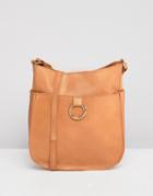 Asos Design Leather Vintage Cross Body Bag With Ring Detail - Tan