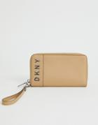 Dkny Logo Detail Zip Around Ladies' Wallet With Wristlet Detail - Brown