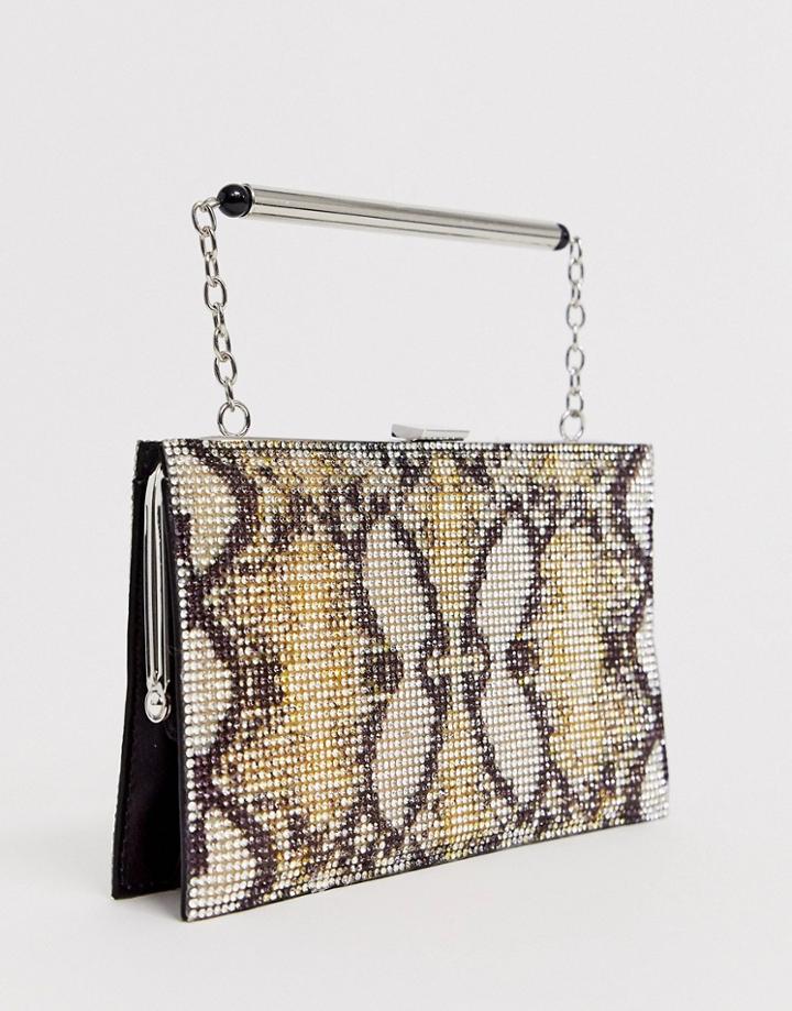 Asos Design Rhinestone Frame Clutch In Snake-multi