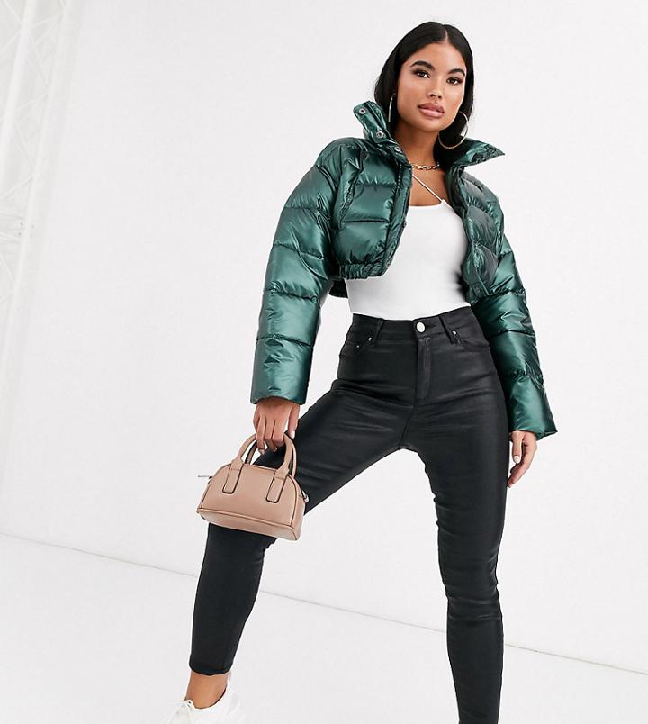 Asos Design Petite Glam Metallic Crop Puffer Jacket In Green-gray