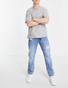 Asos Design Original Fit Jeans In Vintage Mid Wash With Rips-blues