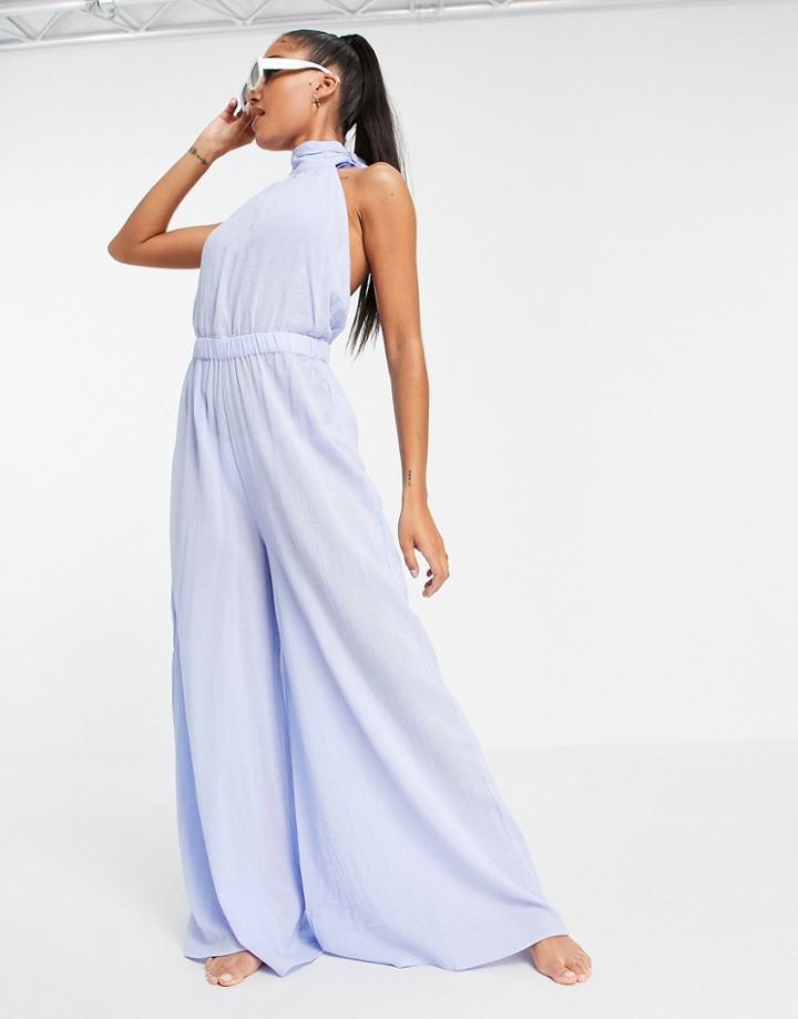 Asos Design Halter Beach Jumpsuit In Icy Blue-blues