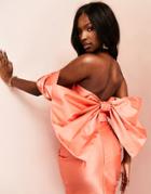 Asos Luxe Satin Bardot Crop Top With Bow In Coral - Part Of A Set-multi