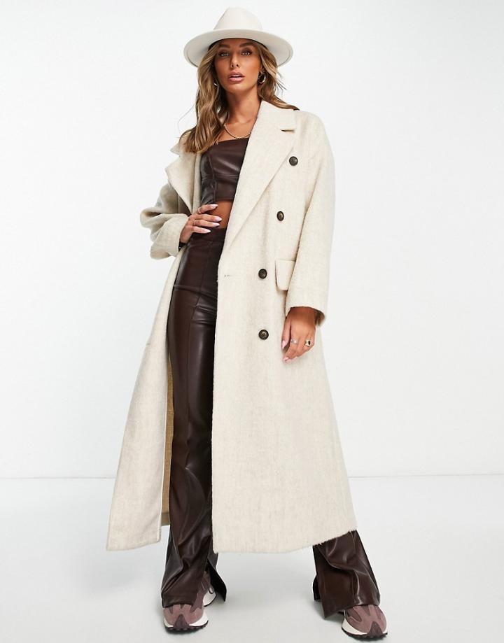 Topshop Oversized Double Breasted Long Coat In Beige-neutral