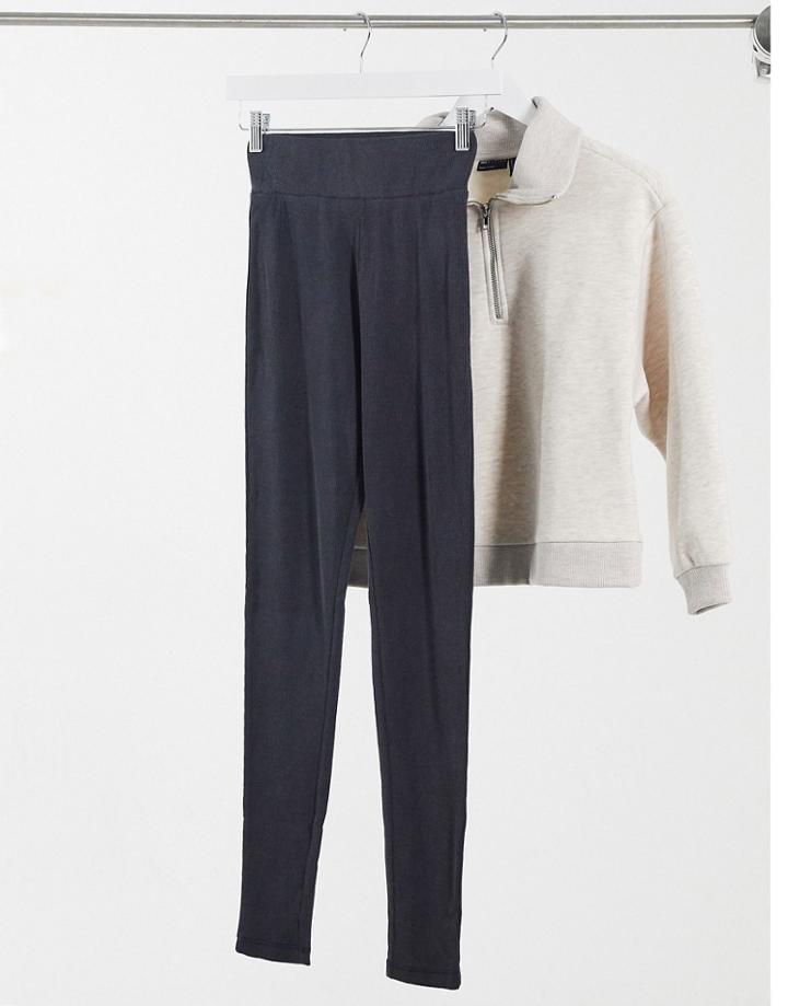 Asos Design Acid Wash Rib Legging In Charcoal-grey
