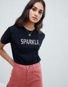 Asos Design T-shirt With Glitter Sparkle Slogan - Black
