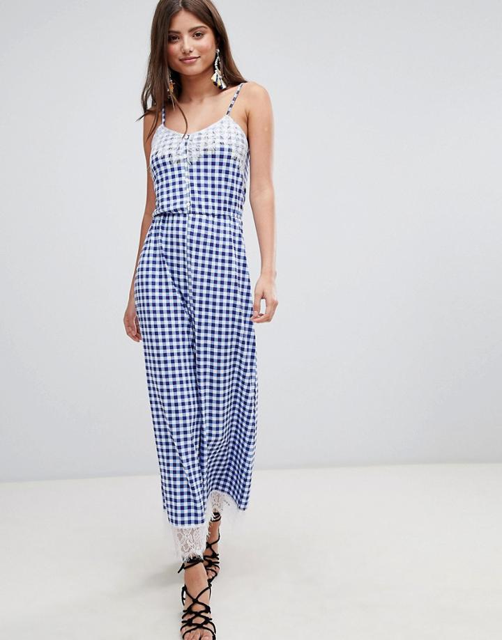 Asos Design Lace Trim Button Front Cami Jumpsuit In Gingham - Blue