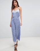 Asos Design Lace Trim Button Front Cami Jumpsuit In Gingham - Blue