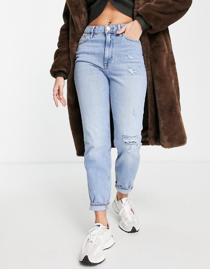 River Island Distressed Bum Sculpt Mom Jeans In Mid Blue