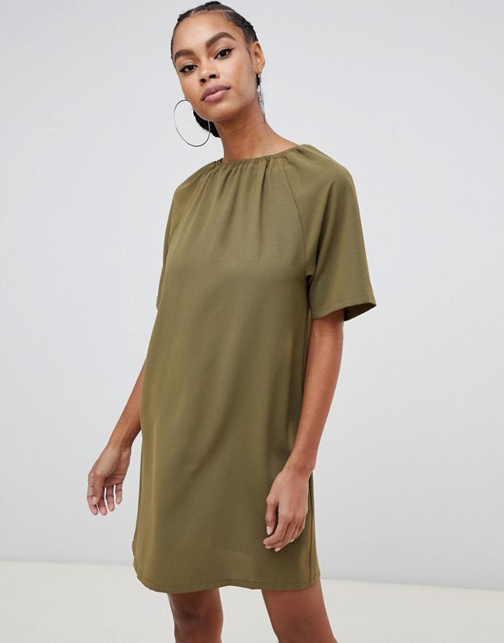 Boohoo Gathered Neck Shift Mini Dress In Khaki - Green