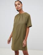 Boohoo Gathered Neck Shift Mini Dress In Khaki - Green